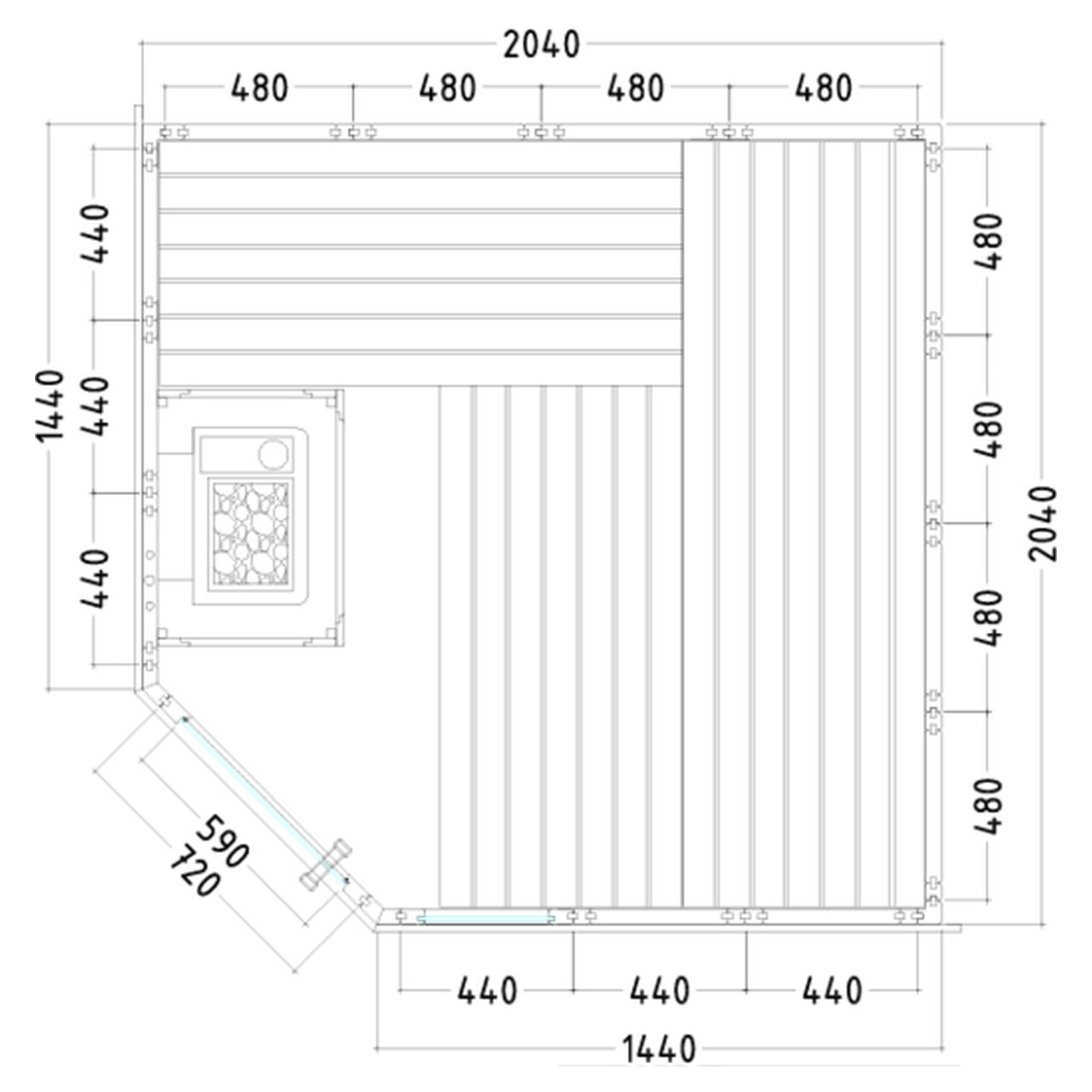 Saunakabine Komfort Corner aus massiver Fichte 206 x 206 x 204cm